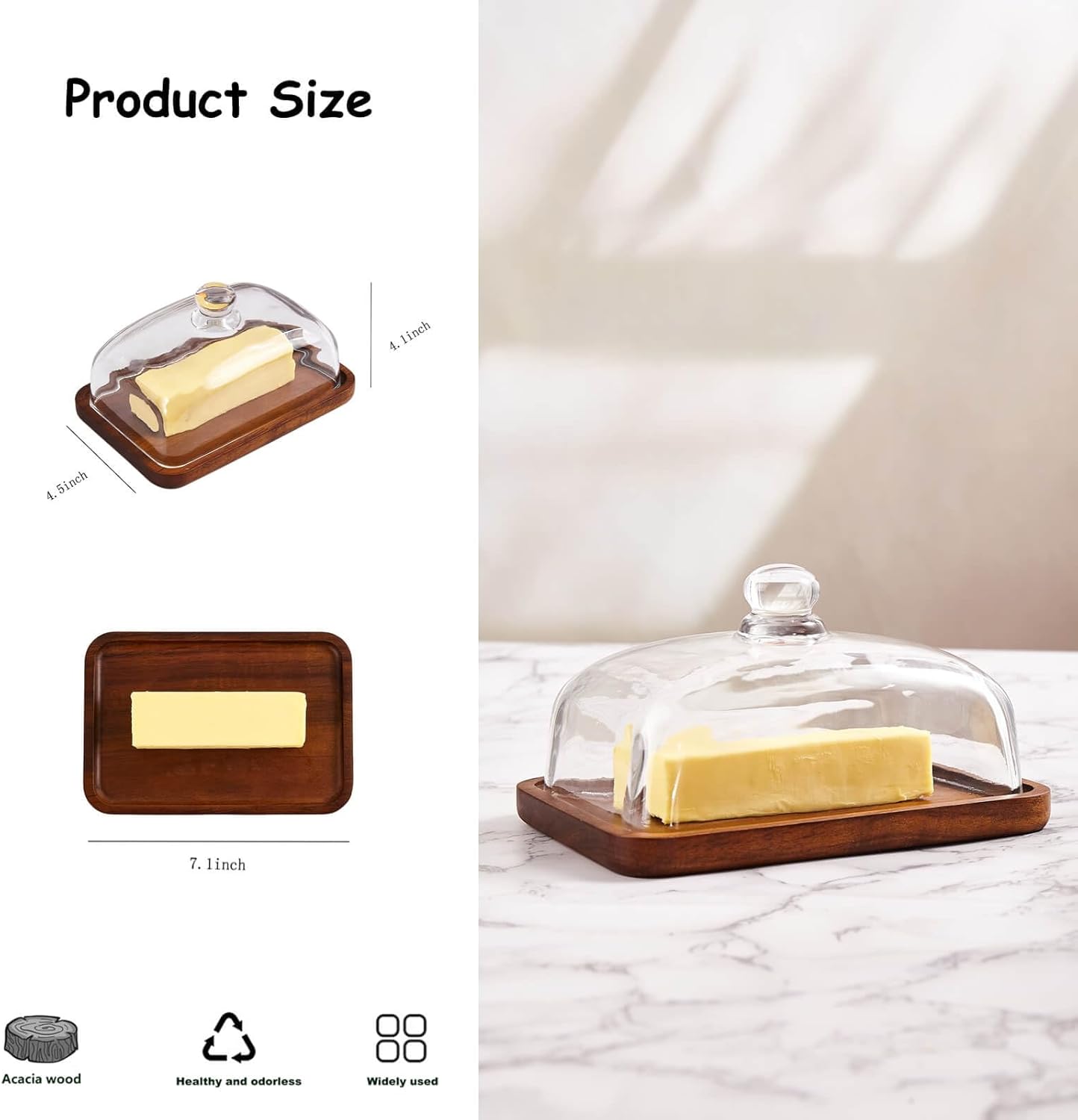 butter dish with lid, glass airtight lid keeps butter soft, for countertop and refrigerator. Widened design to fit all butters. Covered butter dishes with, Made of glass and Acacia wood.