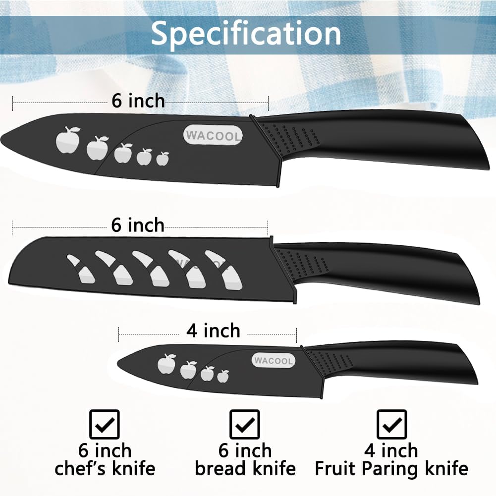 WACOOL Ceramic Knife Set 3-Piece (Includes 6-inch Chef's Knife, 6-inch Bread Knife and 4-inch Fruit Paring Knife), with 3 Knife Sheaths for Each Blade (Black Handle with Bread Knife)