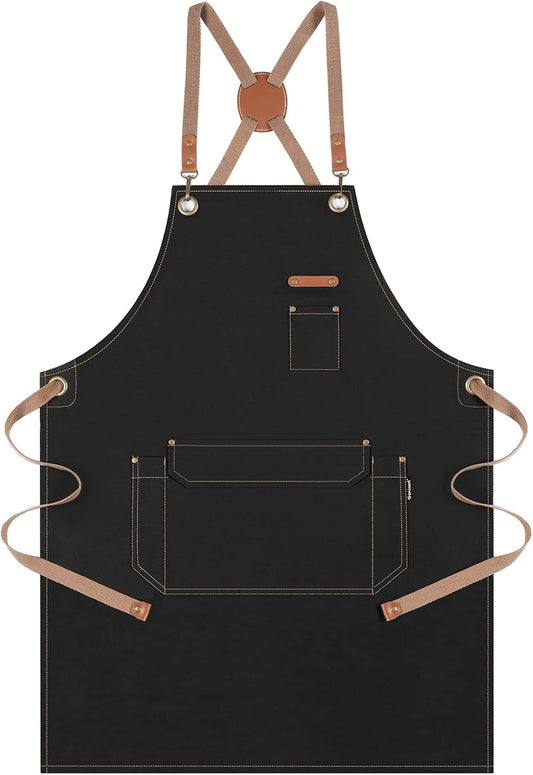Genixart Chef Apron for Men Women with Gift Box Pack, Cross Back Apron with Pockets for Kitchen Cooking Baking Artist Painting, Cotton Canvas Work Aprons for Shop, Garden, Restaurant, Cafe (Black)