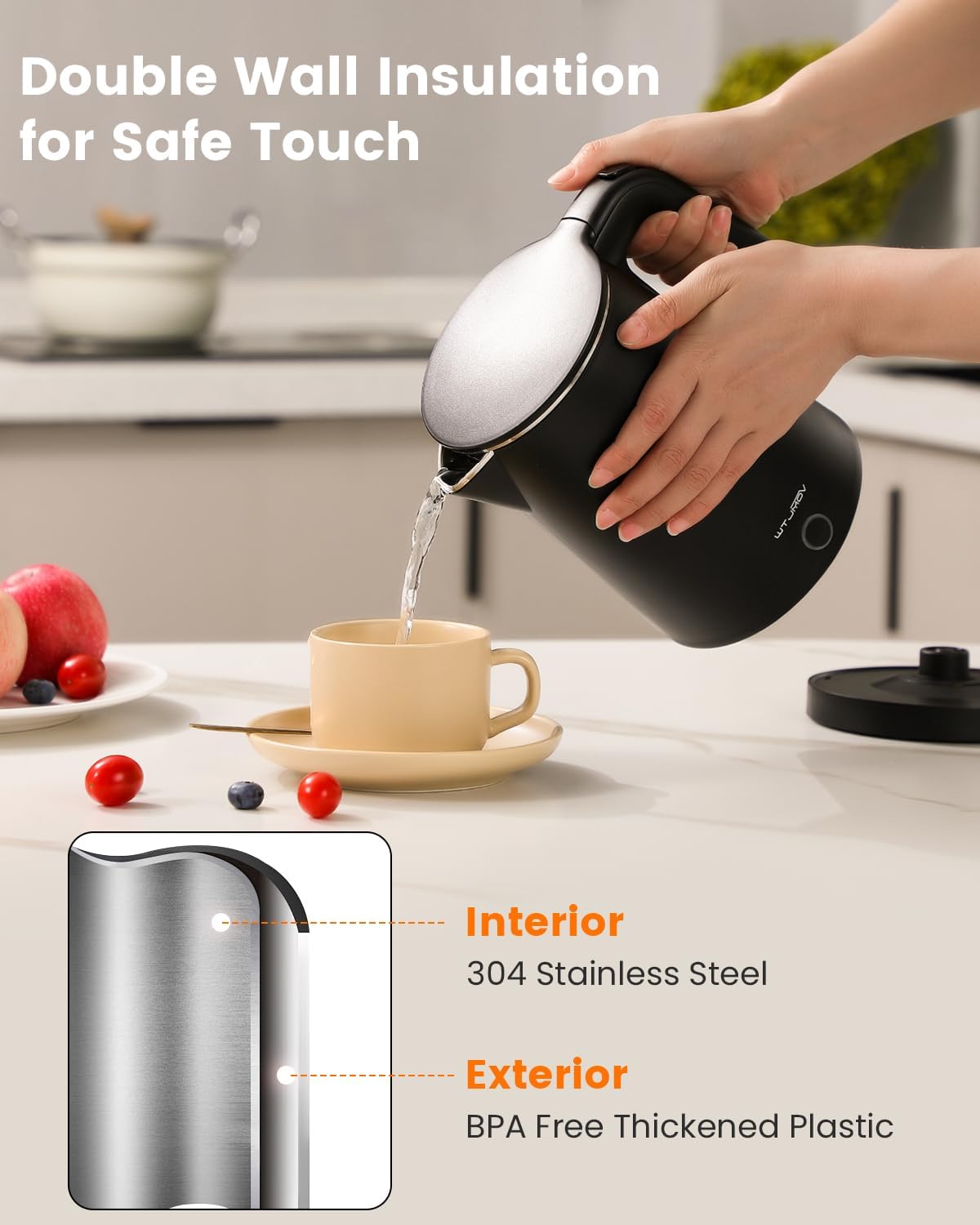 Electric Kettle Stainless Steel, 1.0L Small Water Boiler 1200W Fast Boiling, Double Wall Tea Kettle Pot Automatic Shut Off, Durable Coffee & Tea Maker/Warmer/Heater Black