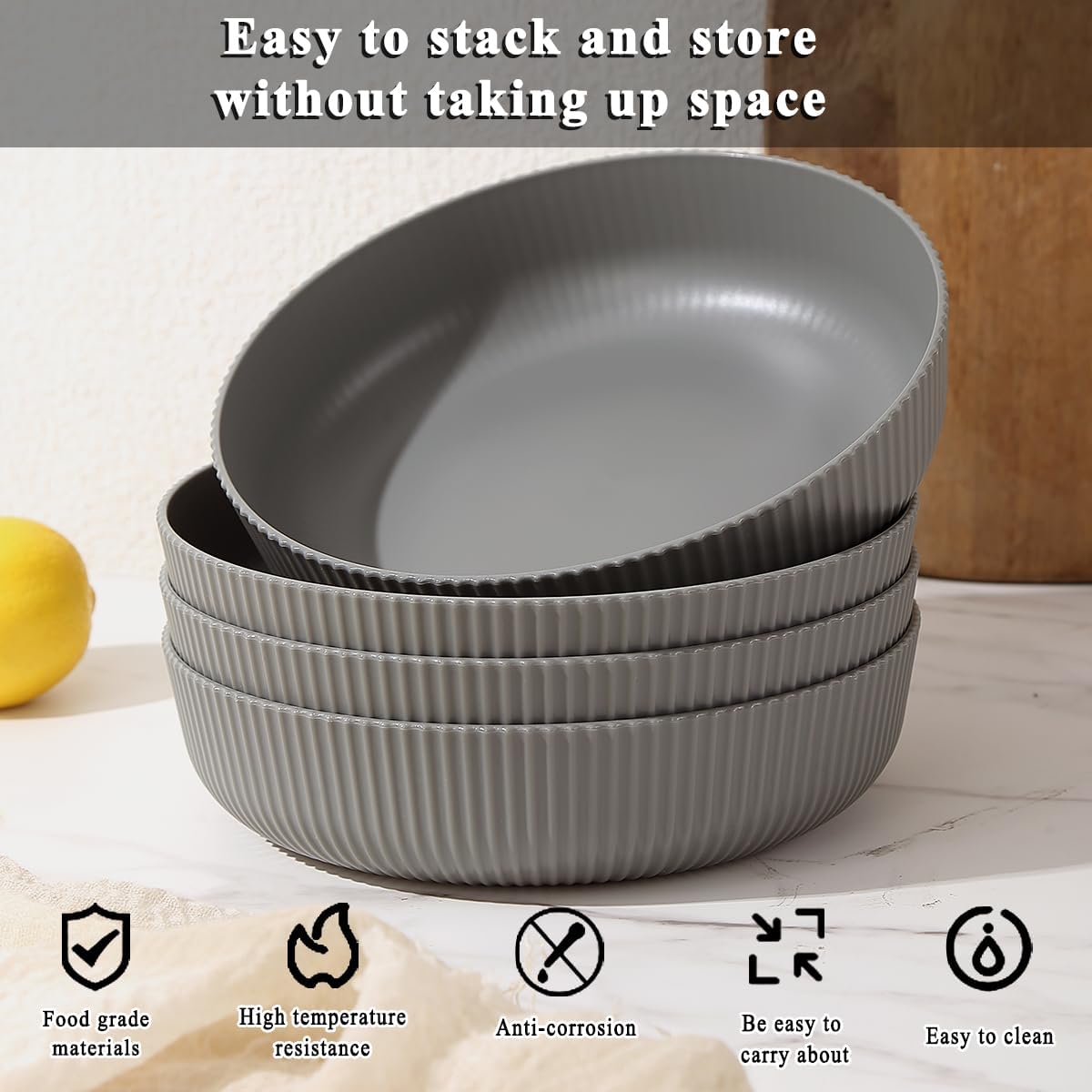 Kyraton Pasta Bowls Set of 4, 37oz Salad Bowls Soup Bowls Large Pasta Serving Bowl Plastic Unbreakable Serving Dishes Dinner Bowls (Grey)