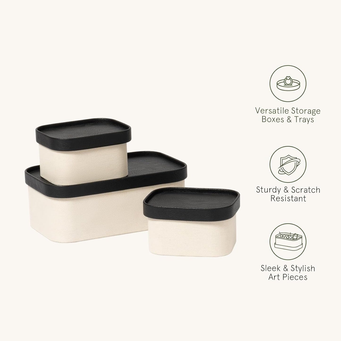 LA JOLIE MUSE Fluted Cardboard Storage Baskets with Leather-Like Lids, Sturdy Stackable Paper Boxes Decorative Tray, Black & Beige, Set of 3