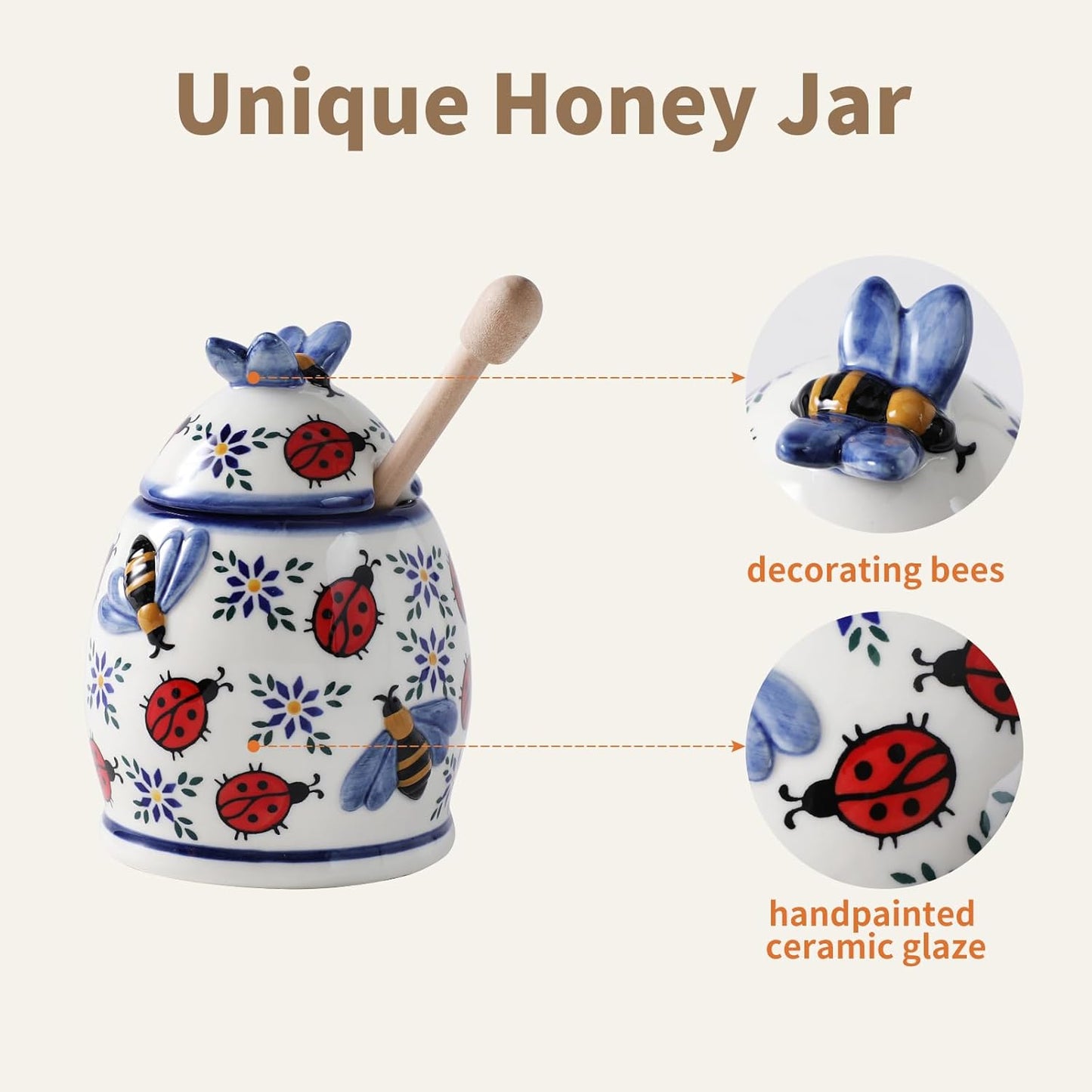 ZOOBEE Ceramic Honey Jar with Dipper and Lid,10oz Honey Pot with Embossed Bees, Handpainted Honey Container for Home Kitchen Decor, Dishwasher Safe- Summernight Ladybug