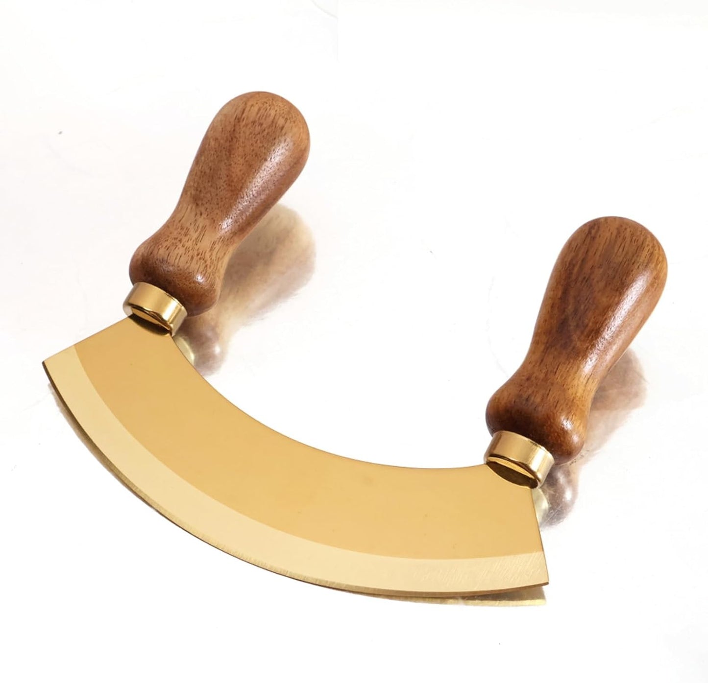 5.4 Inch Stainless Steel Mezzaluna Knife - Salad Chopper Rocker Pizza Cutter Rocker Knife Curved Blade Sharp Blade Double Acacia Wood Handle Fruit Vegetable Mincing (5.4 Inch Gold)