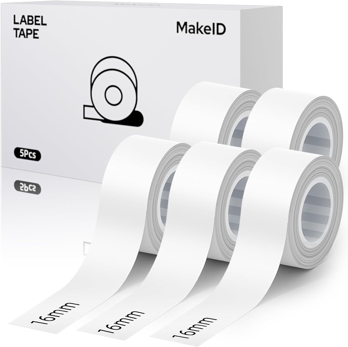 MakeID E1 Q1 Label Maker Tape Refills, 5-Roll 16mm x 4m (0.63" x 13') Continuous Consumables Thermal Laminated Office Labeling Tape Replacement