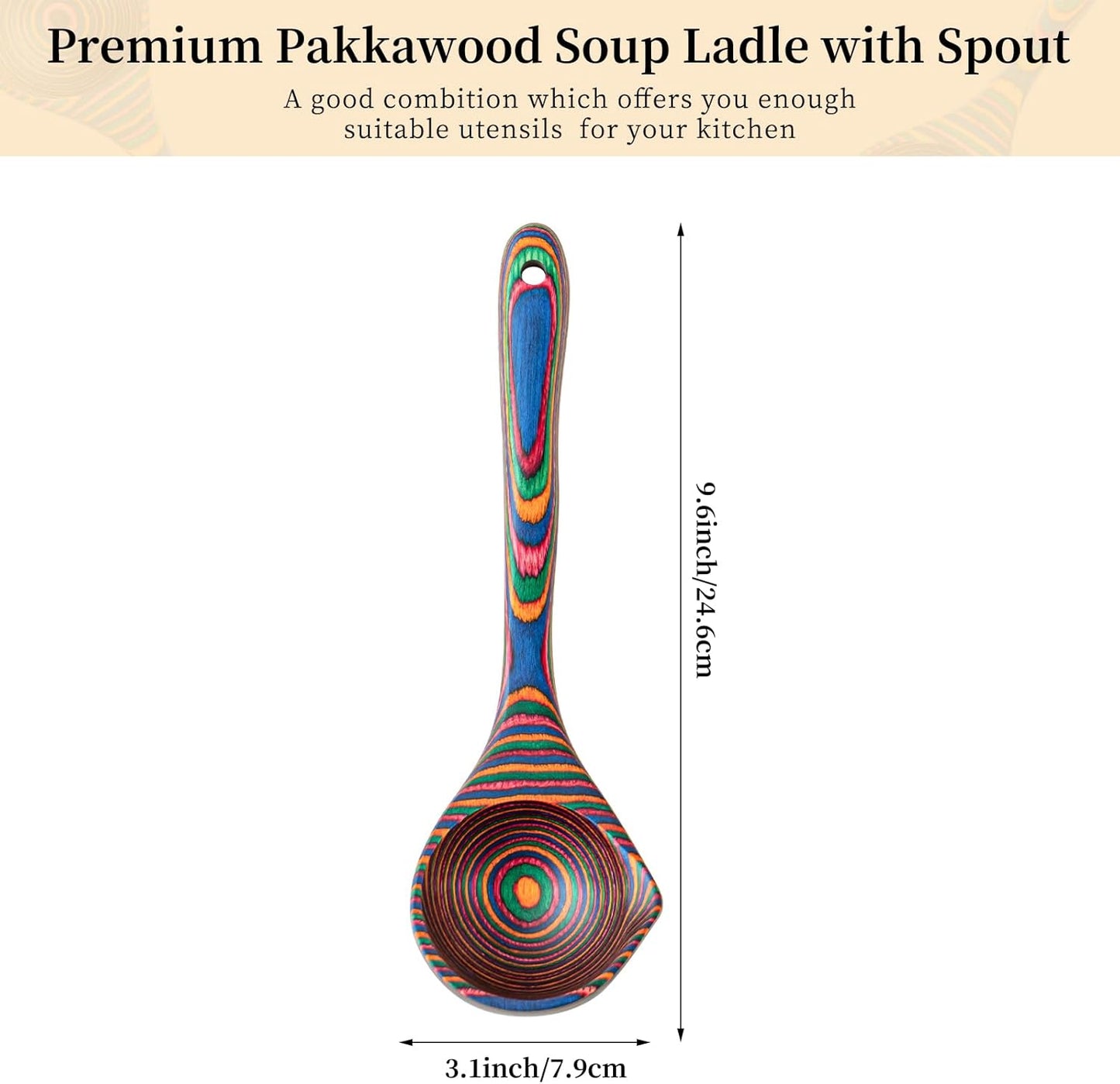 Gudamaye Pakkawood Rainbow Deep Soup Ladle with Spout, 9.6 inch Big Soup Ladle for Cooking