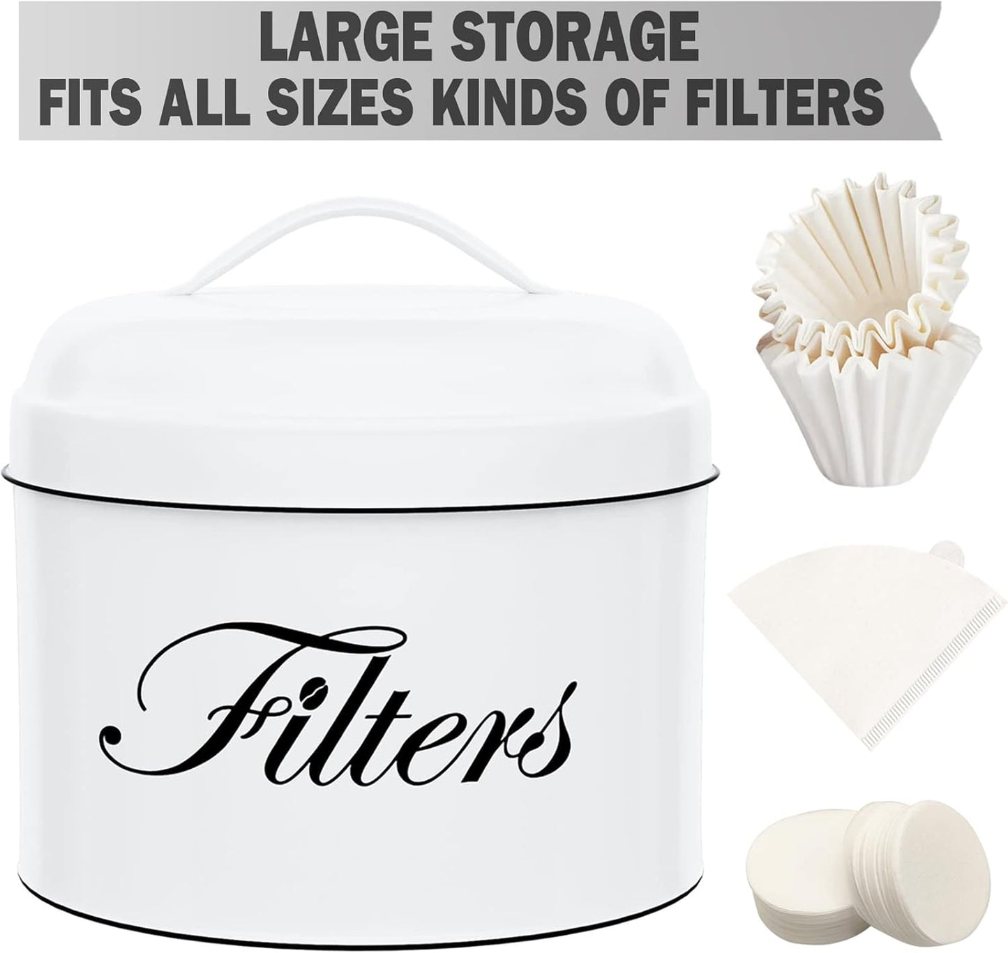 Coffee Filter Holder, White Basket Coffee Filter Storage with Lid, Round Coffee Filter Container for Counter, Rustic Farmhouse Coffee Bar Accessories Decor (White)