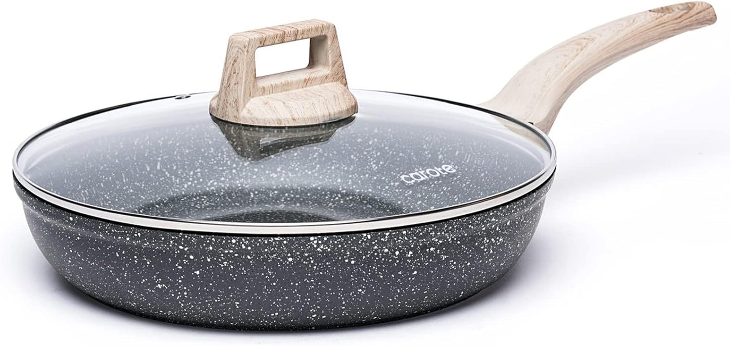 CAROTE Non Stick Frying Pan Skillet, Nonstick Granite Fry Pan with Glass Lid, Egg Pan Omelet Pans, Stone Cookware Chef's Pan, PFOA Free (Classic Granite, 10-Inch)
