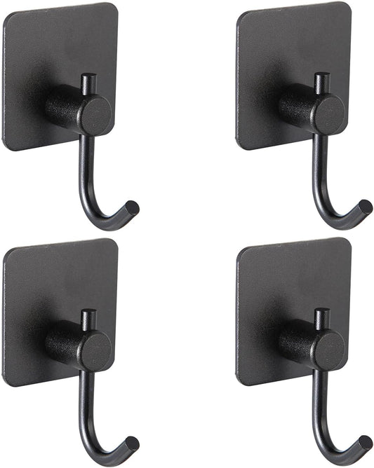Aluminum Wall Hooks, No Drill Damage-Free Adhesive Hook,Product for Hanging Heavy Duty for Bathroom Kitchen Home (Curved Square Black Hook, 4)