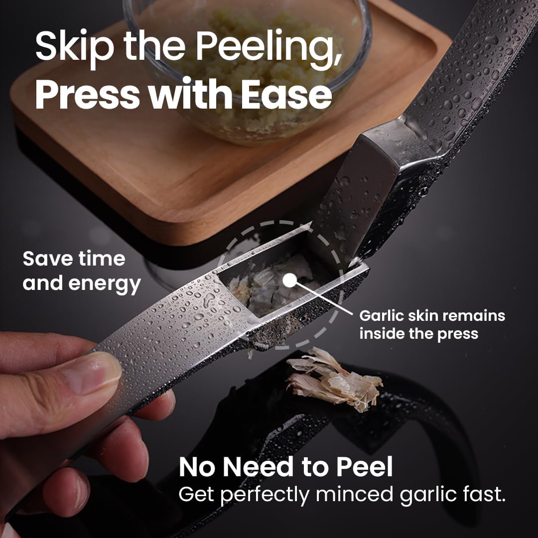 No Peeling Required Garlic Press Stainless Steel with Two Detachable Handles for Coarse&Fine Mincing-Premium Garlic Mincer Tool, Easy to Clean, Dishwasher Safe Garlic Crusher with Lifetime Replacement