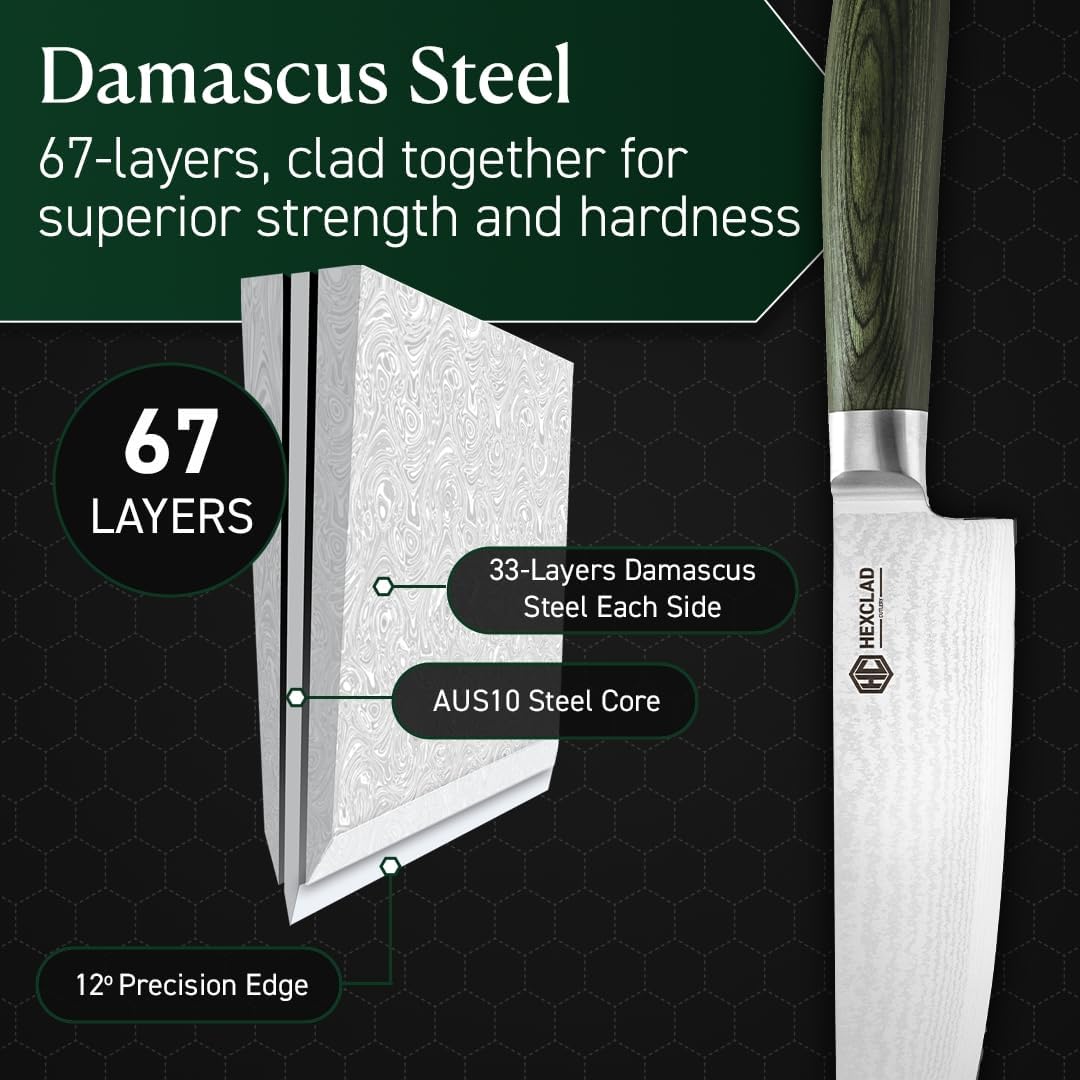 HexClad Chef's Knife, 8-Inch Japanese Damascus Stainless Steel Blade, Pakkawood Handle