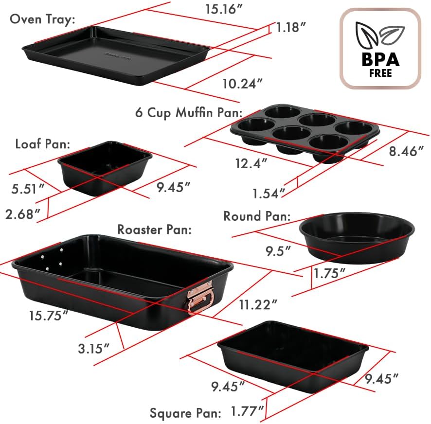Nonstick Ceramic Bakeware Set – 8 Piece Baking Pans Set, Oven Safe to 450°F, Includes Muffin Pans, Cookie Sheets, Loaf, Roaster, Round & Square Pans, BPA-Free