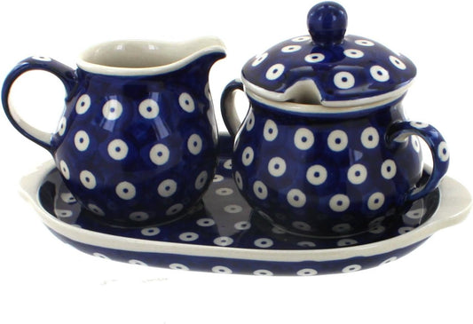 Blue Rose Polish Pottery Dots Sugar & Creamer with Tray