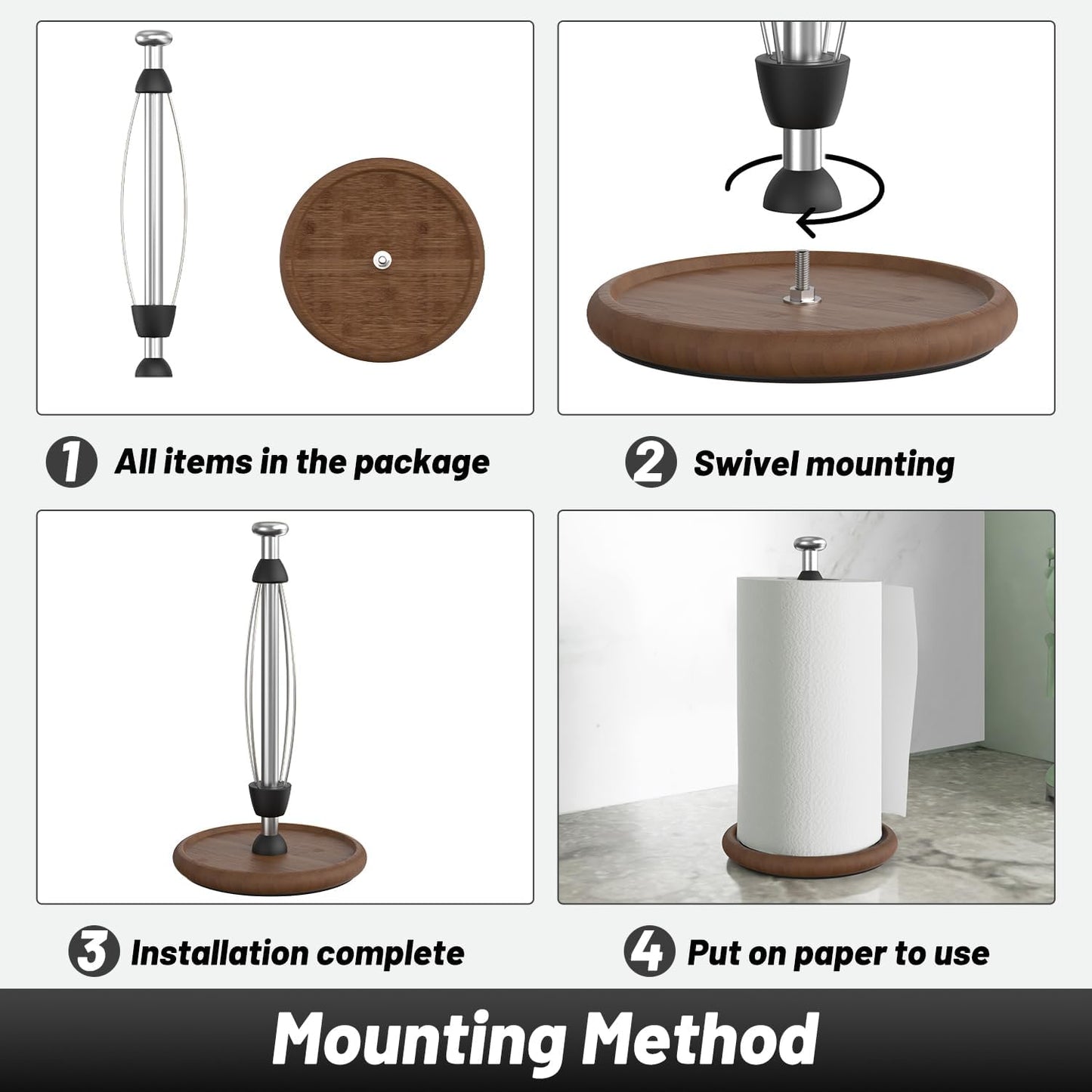 VEHHE Wooden Paper Towel Holder Countertop with Weighted Base, One-Handed Tear Paper Towel Holder Stand with Damping Function and EVA Non-Slip Pad, for Kitchen Bathroom Farmhouse