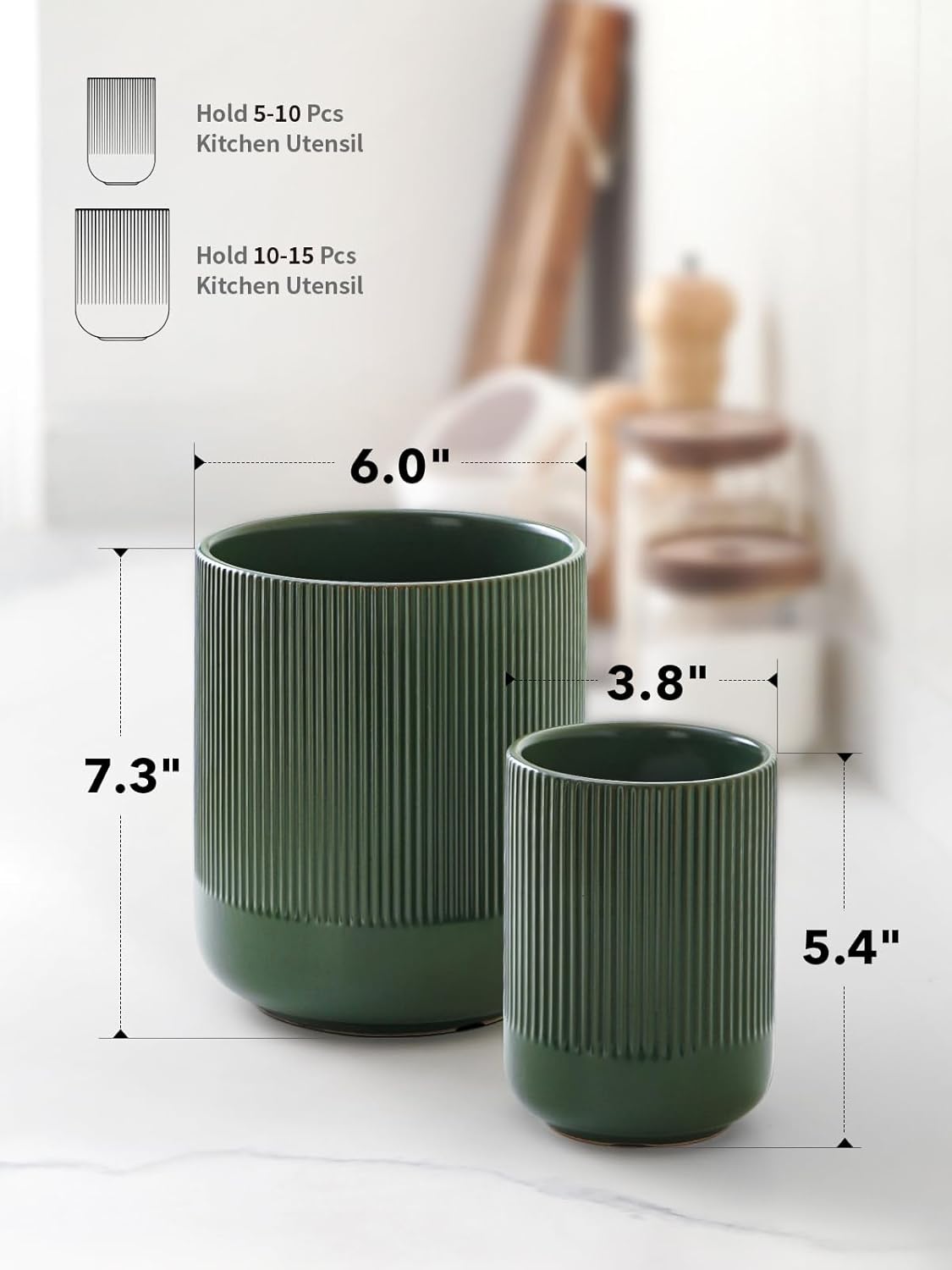 LE TAUCI Utensil Holder, 7.3"+5.4" Ceramic Kitchen Utensil Holder for Countertop, Large Cooking Utensil Crocks for Kitchen Counter, Morden Utensil Organizer for Spatula, Set of 2, Forest Green