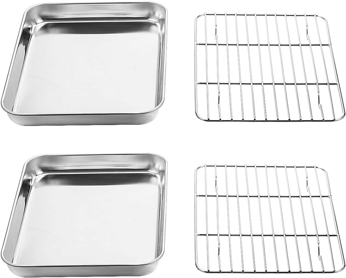 Wildone Baking Sheet with Rack Set [2 Sheets + 2 Racks], Stainless Steel Cookie Pan baking Tray with Cooling Rack, Size 9 x 7 x 1 Inch, Non Toxic & Heavy Duty & Easy Clean