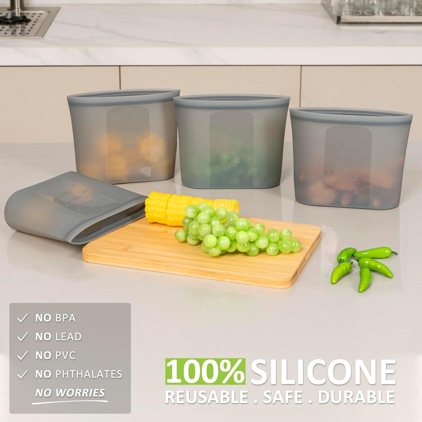 Reusable Storage Bags Quart Size, 4 Pack, 100% Silicone Stand Up Ziplock Reusable Silicone Food Storage Bags Sandwich Bags Containers, Freezer Microwave Oven Dishwasher Safe, Grey, 33.8fl.oz