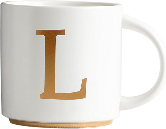 COLLECTIVE HOME - Monogram Ceramic Mugs, 15 oz Golden Initial Coffee Cups, Elegant Alphabet Tea Mugs, Elegant Personalized Mug with Gift Box, Unique Mug with Double Side Capital Letter (L)