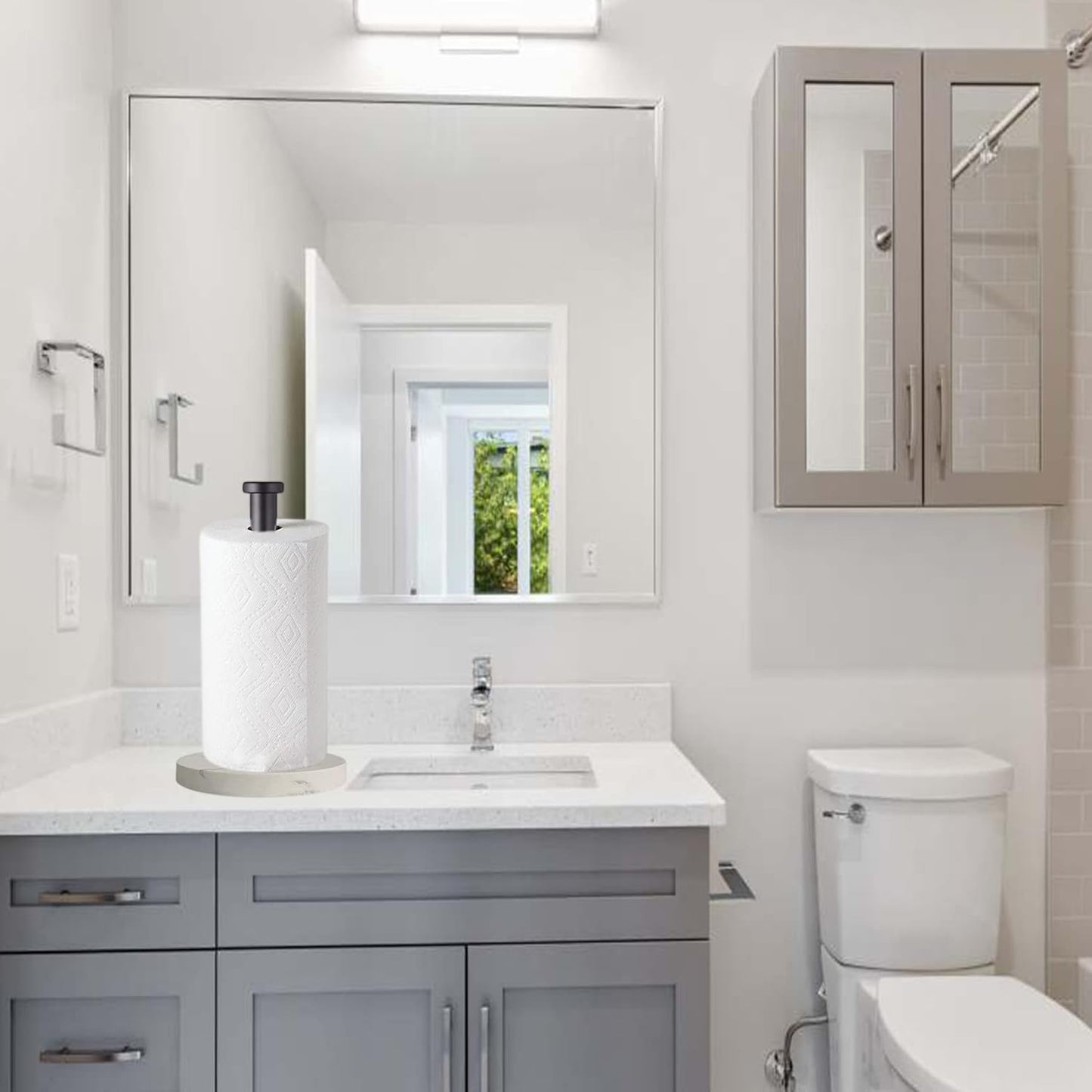 Paper Towel Holder Countertop, Standing Paper Towel Roll Holder for Kitchen Bathroom, with Weighted Marble Base for One-Handed Operation (Black), Black Paper Towel Holder, Marble