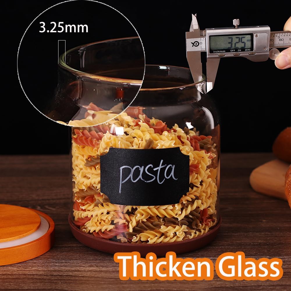 SAIOOL 2PCS Large Glass Storage Jars with Wooden Lids,Airtight Food Storage Containers, 3mm Thick Glass Kitchen Pantry Organization, Laundry Detergent Pods, with Scoop & Labels (67 FL OZ/2000 ml)
