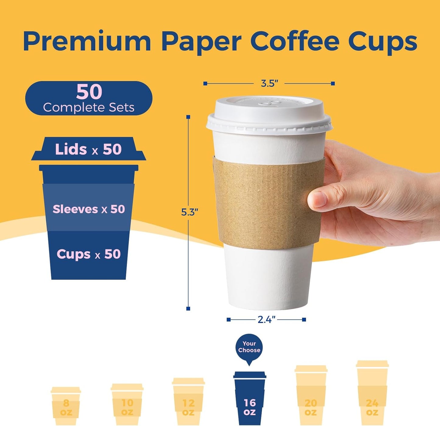Fit Meal Prep 50 Pack 16 oz Disposable Coffee Cups with Lids, Sleeves, Leak-Proof To Go Coffee Cups with Lids, Durable Hot Paper Cups for Home, Office, Party, Business