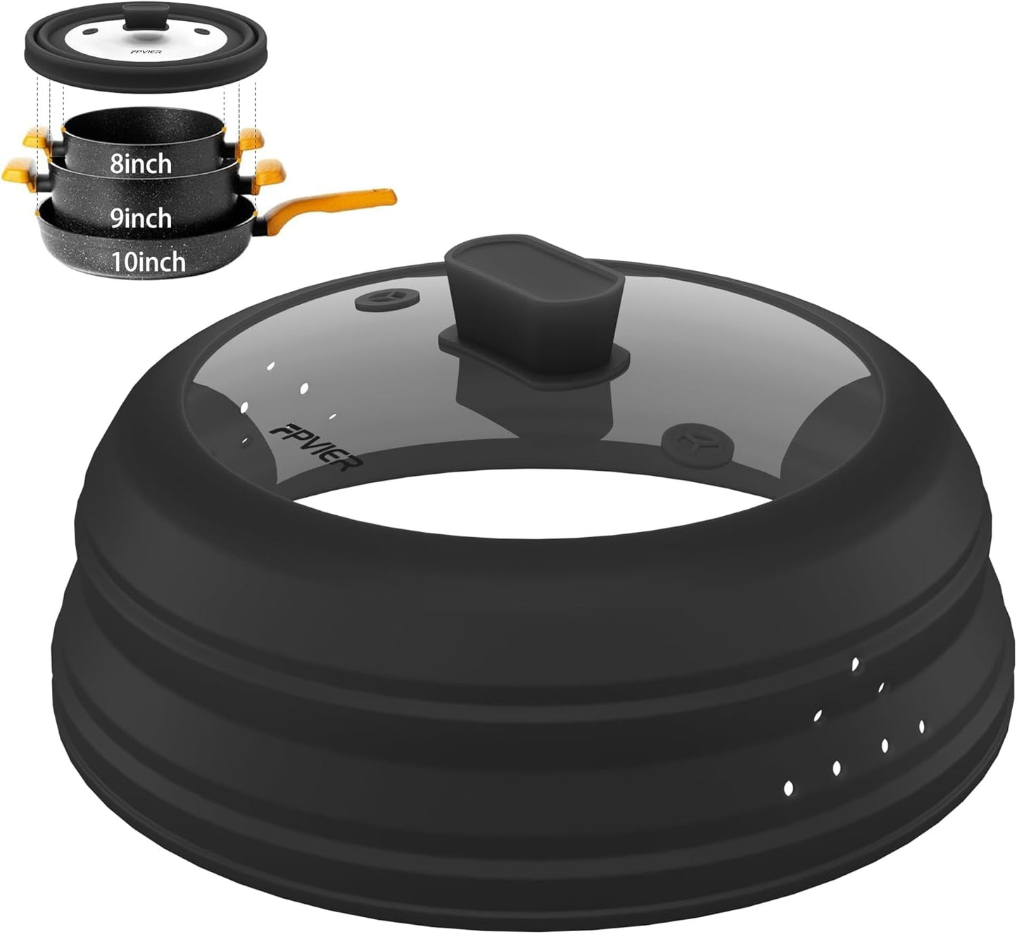 Microwave Splatter Cover, Collapsible Silicone Microwave Plate Cover with Glass for Food, Splatter Guard Lid 10.8 inch Black