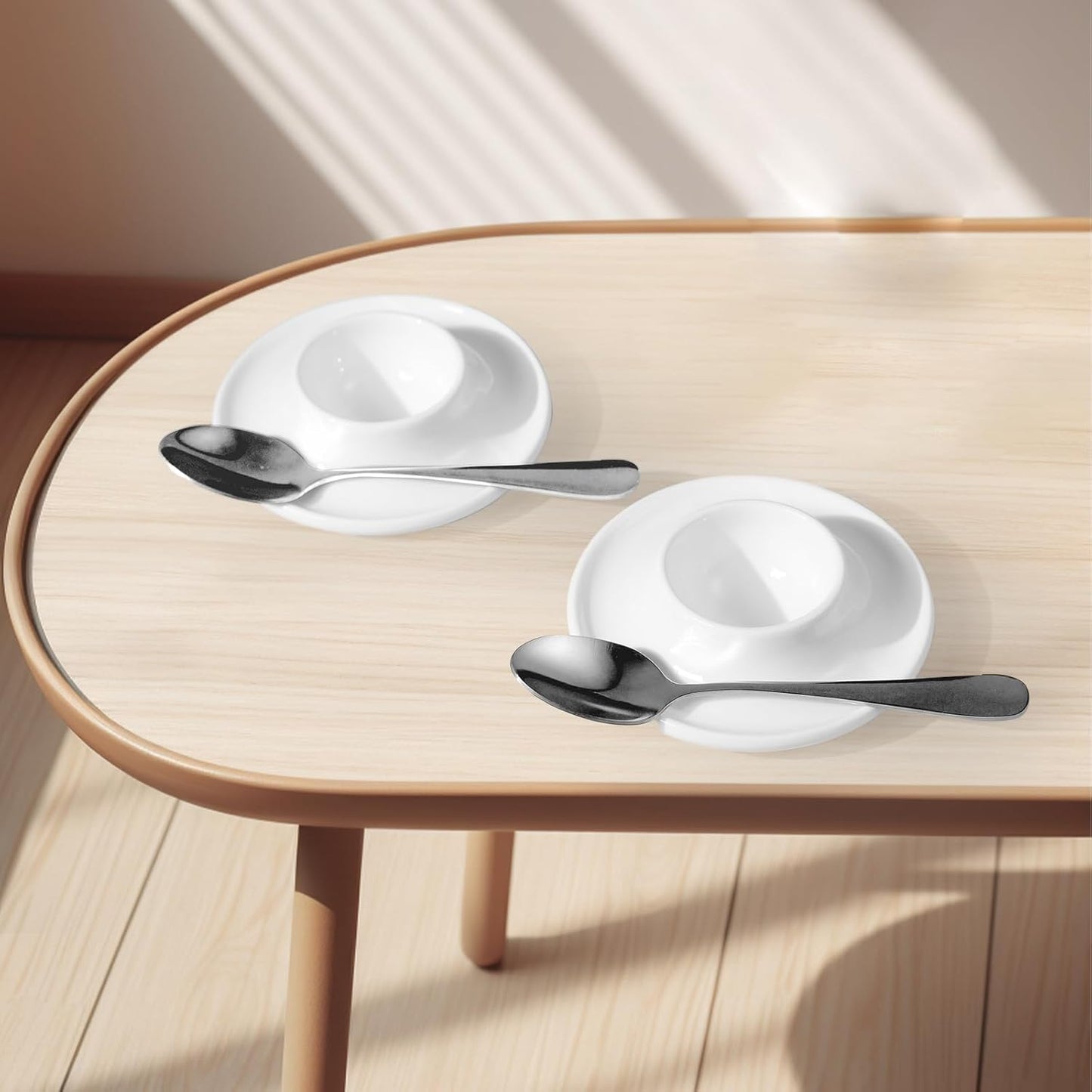 Cinf Ceramic White Egg Holder Set of 2 Porcelain Holder With 2 Stainless Steels Egg Spoons Breakfast Boiled Cooking Easy to Clean Childhood Memories Kitchen