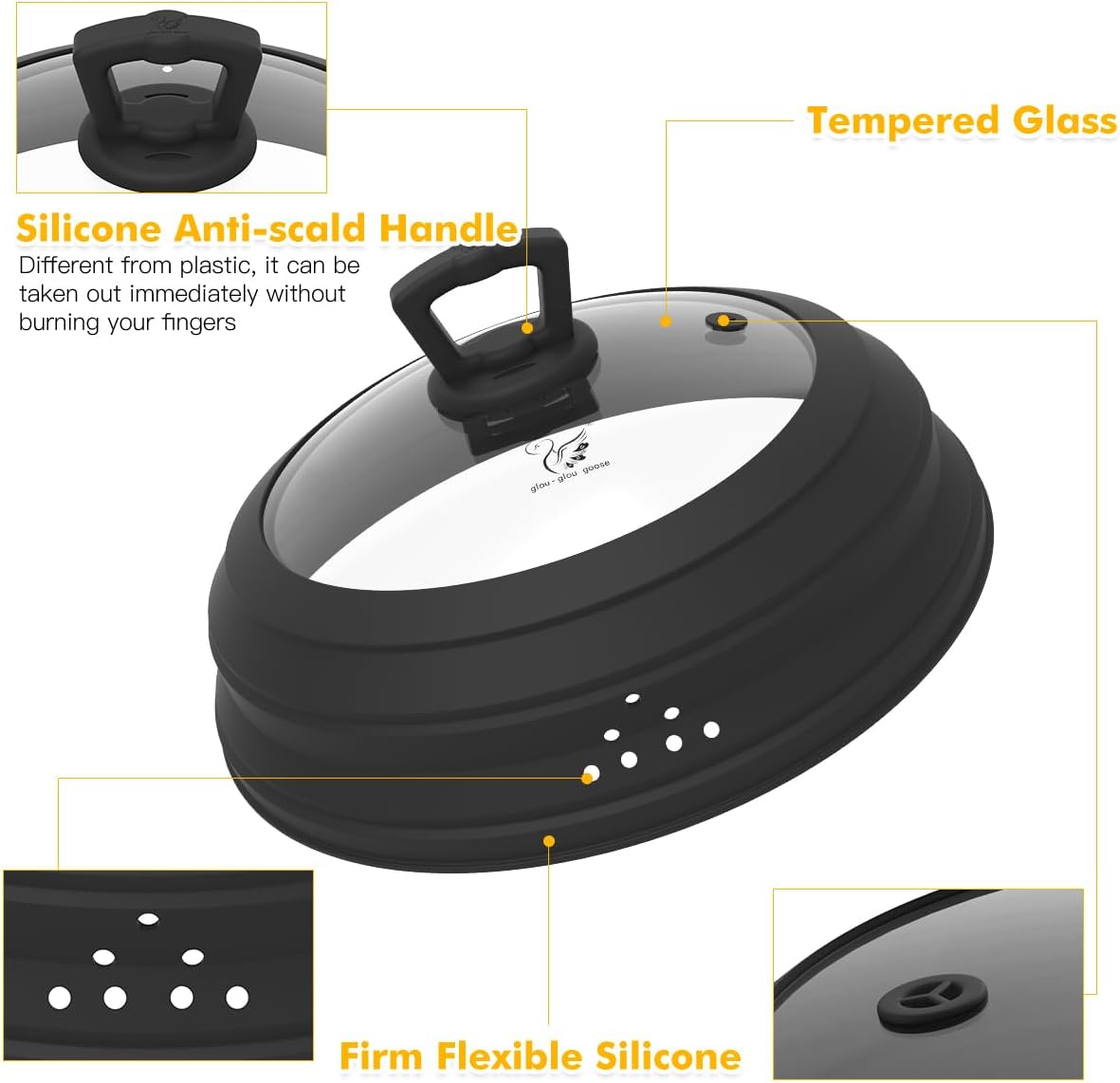 Microwave Splatter Cover Vented Glass Splatter Guard Lid with Collapsible Silicone for Food as Pot Covers 11.8 inch Large 2 Pack