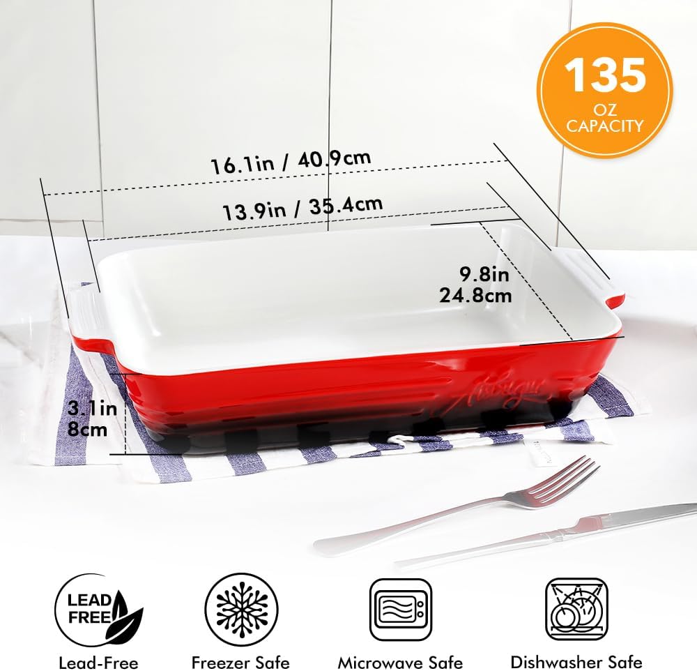 Casserole Dish Ceramic Baking Dish Casserole Dishes for Oven 9x13 Baking Dish with Handles Deep and Large Capacity Baking Dish for Casseroles Lasagnas Roasted Vegetables Great Kitchen Gifts, Red