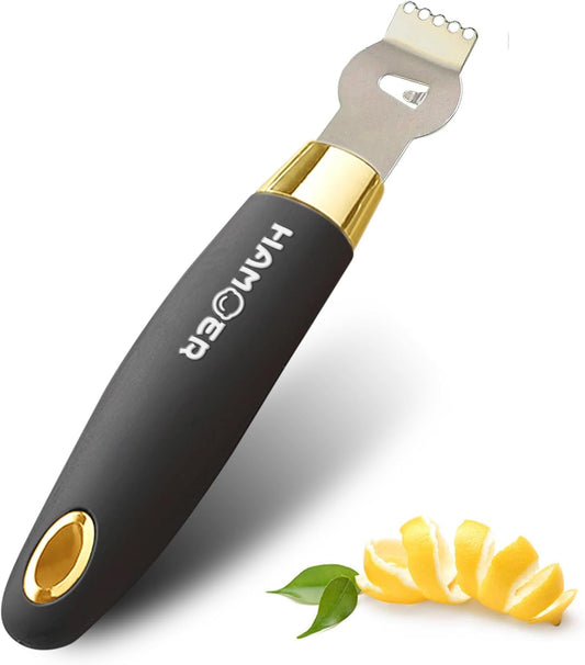 Lemon Zester Tool with Channel Knife Citrus Twist Making Tool Ergonomic Curved Handle Gold-Black