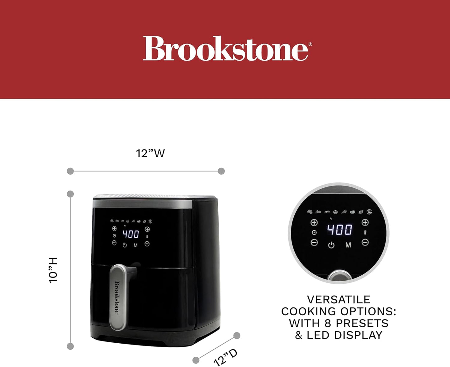 Brookstone Air Fryer – 4.5 Qt, 1300W Large Capacity Fryer with LED Display, 8 Presets, Adjustable Temp, Oil-Free Kitchen Appliance for Baking, Roasting, Frying, Healthy Crispy Meals, Black