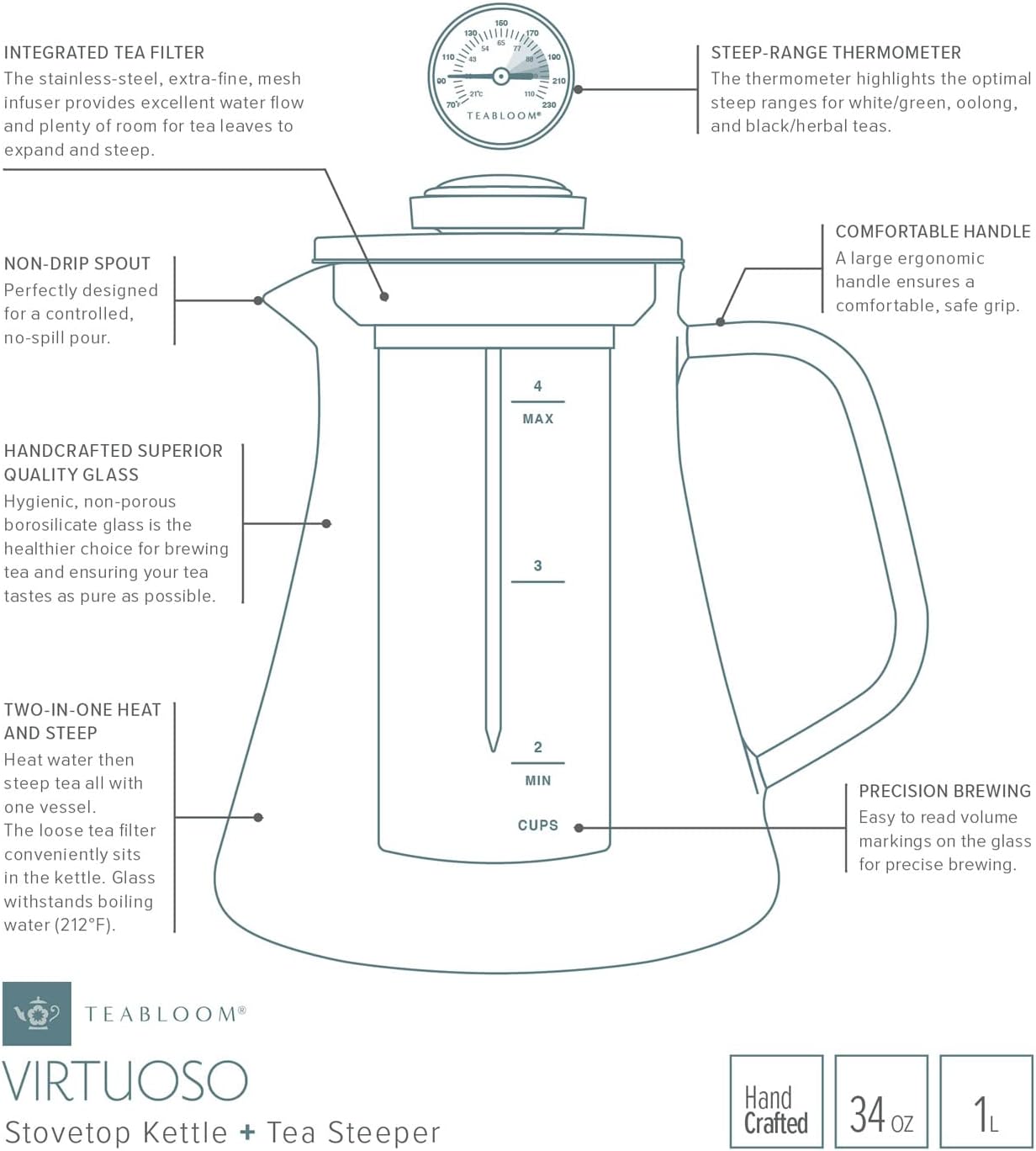 Teabloom 2-in-1 Tea Kettle and Tea Steeper - Glass Teapot with Thermometer and Stainless Steel Loose leaf Tea Infuser, No Whistle Kettles, Virtuoso 34-Ounce Tea Maker