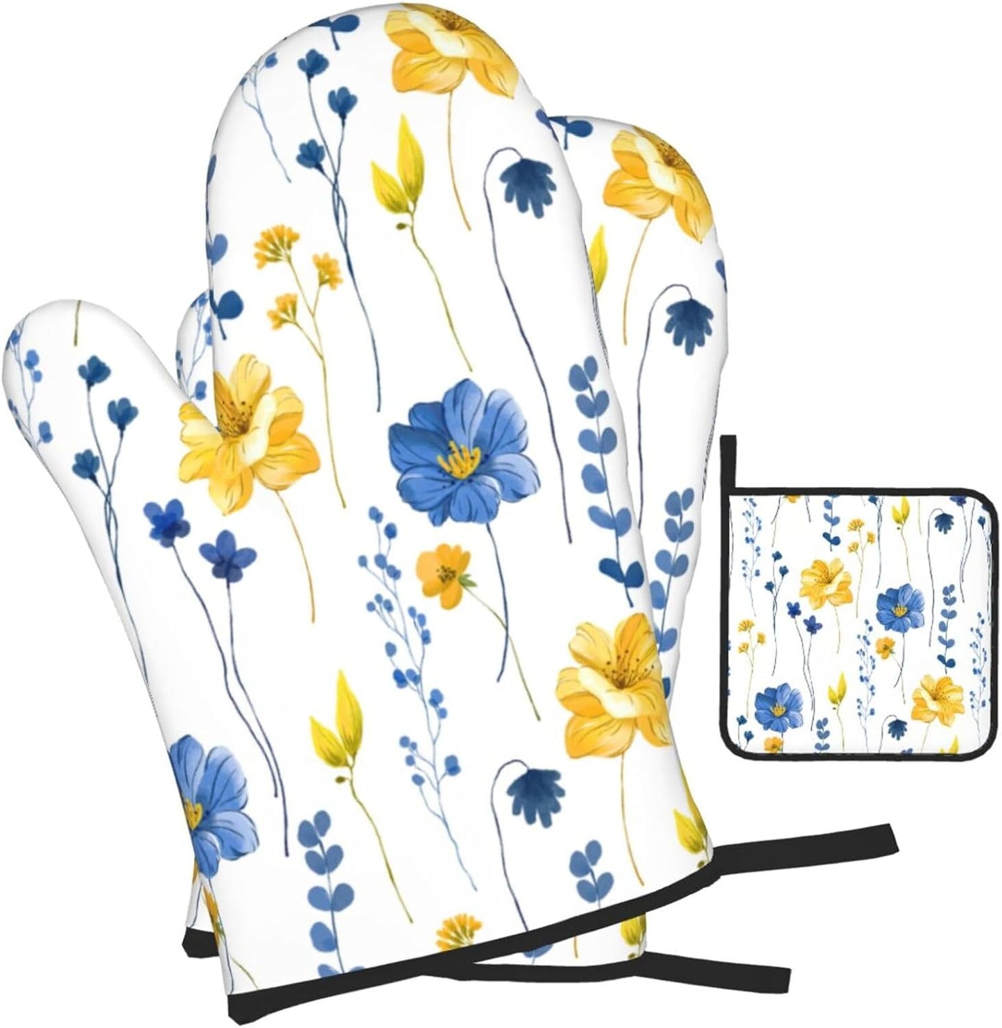 Navy Blue Yellow Flower Oven Mitts and Pot Holders Sets of 3 Watercolor Floral Decorative Hot Pads Heat Resistant Non Slip Washable for Cooking Grilling Baking BBQ Kitchen Decor