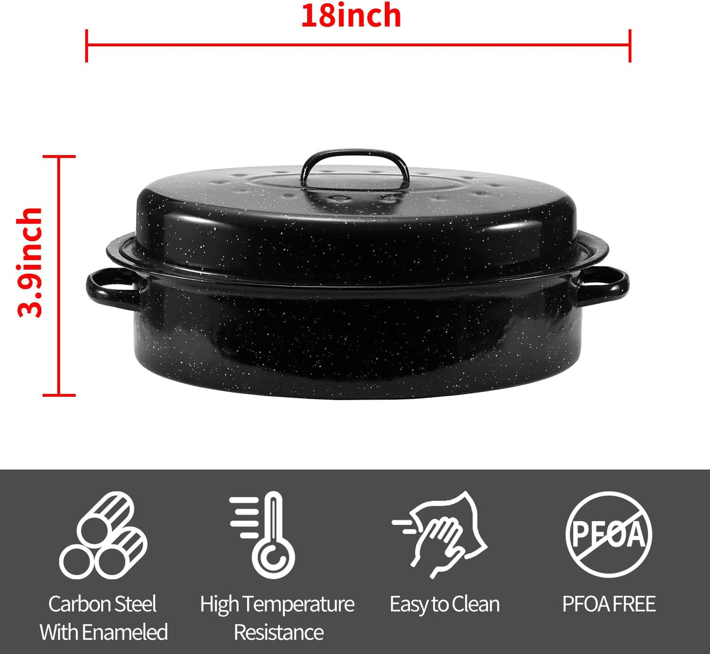 Granite Roasting Pan, 18” Enameled Roasting Pan with Domed Lid. Oval Turkey Roaster Pot, Broiler Pan Great for Turkey, Chicken, Lamb, Vegetable. Dishwasher Safe Cookware Fit for 18Lb Turkey by Kendane