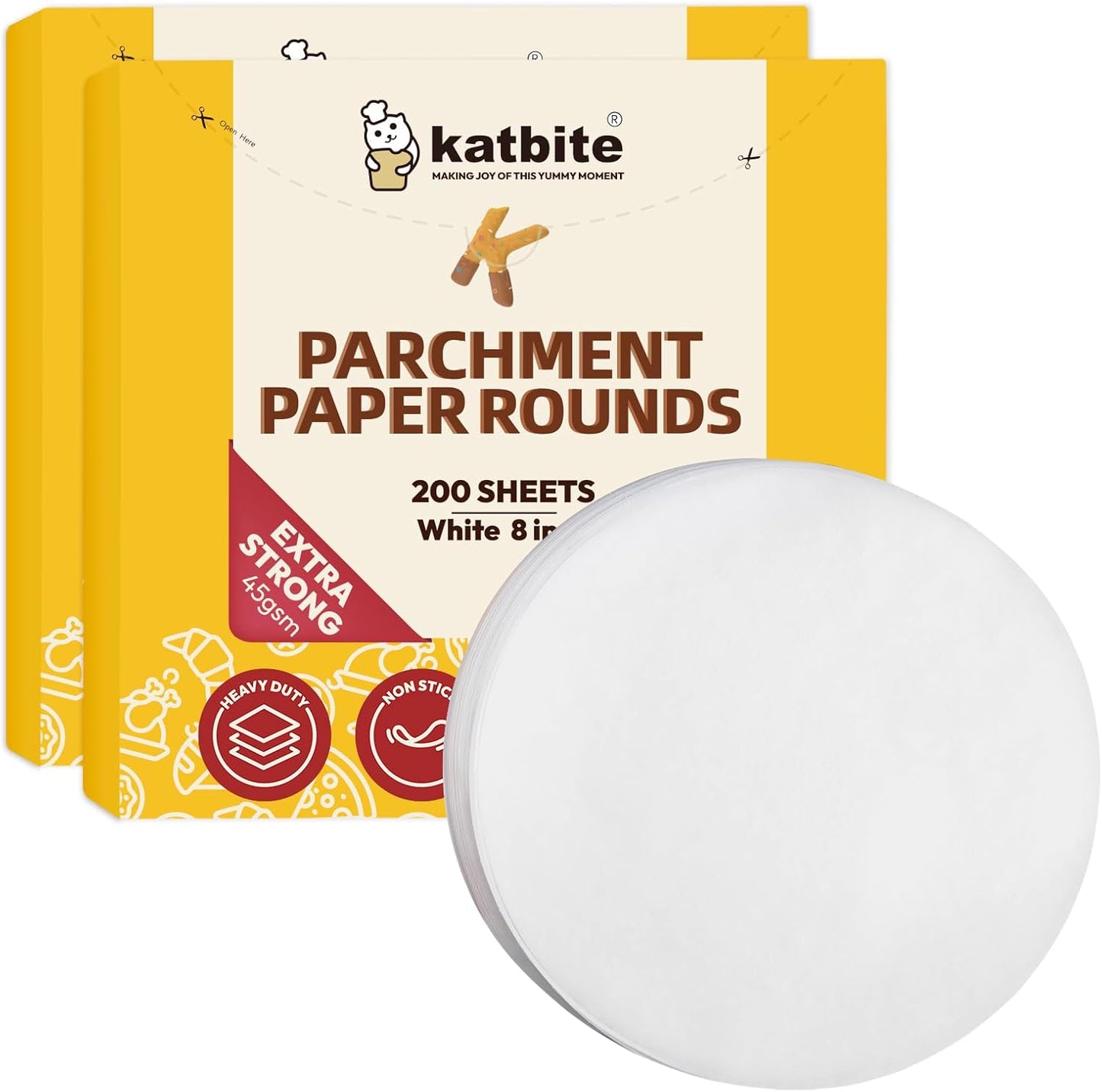 Katbite 8 Inch 400Pcs Parchment Paper Rounds, Round Parchment Paper Cake Baking, Freezing, Patty Separating, Tortilla Wrapping(2 Pack of 200Pcs)