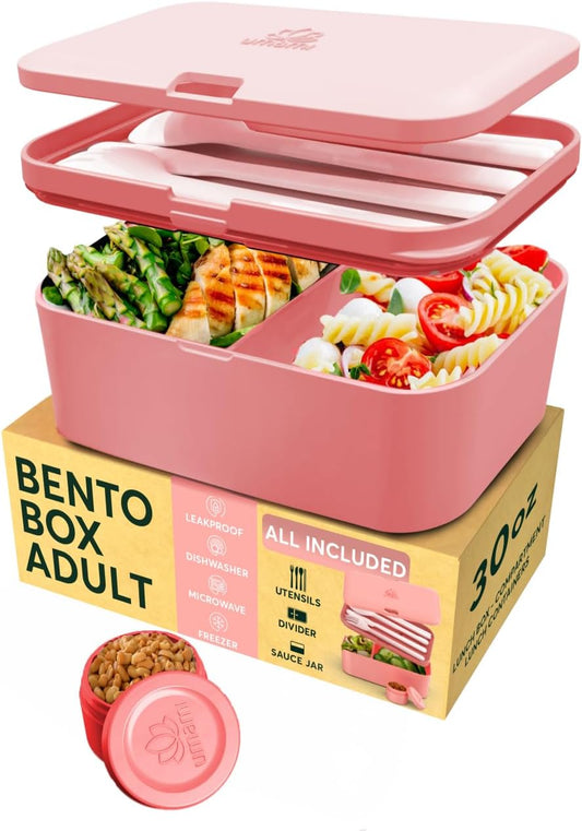 Umami Lunch Box Containers w/ 4 Utensils, Sauce Jar, Nestable Space-Saving Bento Box Adult, 100% Leakproof, Microwavable Lunch Containers for Adults, Design Award Winner, Coral Pink, 30 oz