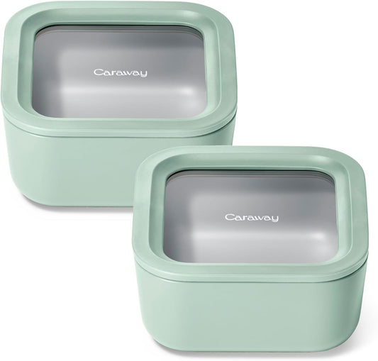 Caraway 2pc Glass Food Storage Set - 4.4 Cup Food Containers (2) - Ceramic Coated - Non Toxic, Non Stick Lunch with Lids - Dishwasher, Oven, & Microwave Safe - Mist