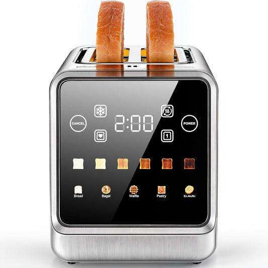 Toaster 2 Slice Wide Slot, Stainless Steel Digital Toasters Best Rated Prime, Touch Screen Toaster for 5 Bread Types/6 Shade Settings/Single Slot Toasting/Memory Function/Defrost/Reheat