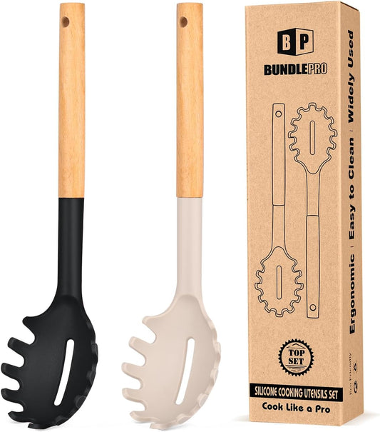 Pack of 2 Spaghetti Spoon, Silicone Pasta Fork with Wooden Handle, Heat Resistant Noodle Spoon Server, BPA Free Spaghetti Strainer(BLACK-KHAKI)
