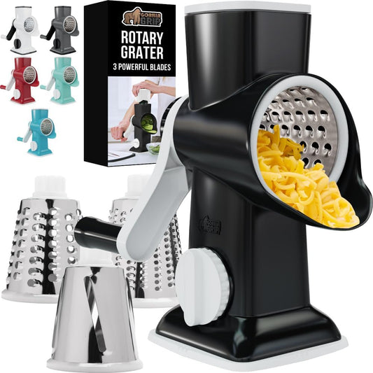 GORILLA GRIP BPA-Free Rotary Cheese Grater Hand Crank, Easy to Set Up, Strong Suction Base for Kitchen Countertop, Shred Potato, Vegetable, Nuts in Seconds, Round Mandoline Slicer, 3 Blades, Black
