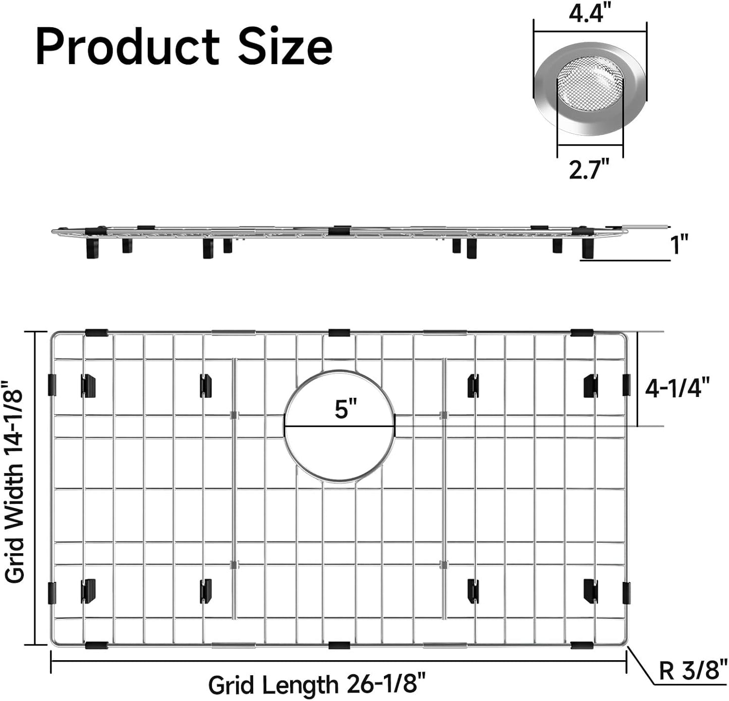 26-1/8’’ x 14-1/8’’ Stainless Steel Sink Grid, Sink Protectors for Kitchen Sink, Sink Protector with Rear Drain for Single Sink Bowl, Sink Bottom Grid, Sink Grate for Bottom with Sink Strainer