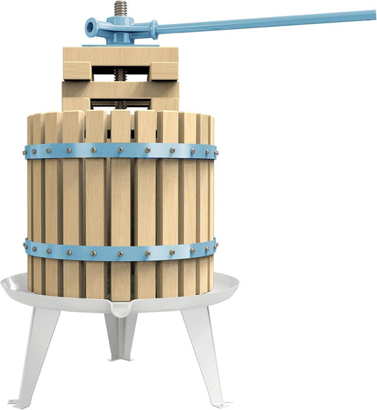 SQUEEZE master Fruit Apple Cider Wine Press-Blue-3.17 Gallon/12L-Solid Wood Basket-Vintage traditional juicer-Pole Handle Bar for Juice,Wine-1 free filter bag included