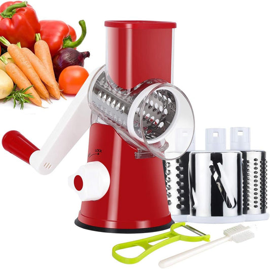 Ourokhome Rotary Cheese Grater Hand Crank, Kitchen Shredder Speed Mandolin Slicer Nut Grinder with Handle and Drum Blades for Cheese, Vegetable, Walnut, Chocolate, Potato, Carrot, 3 Blades, Red
