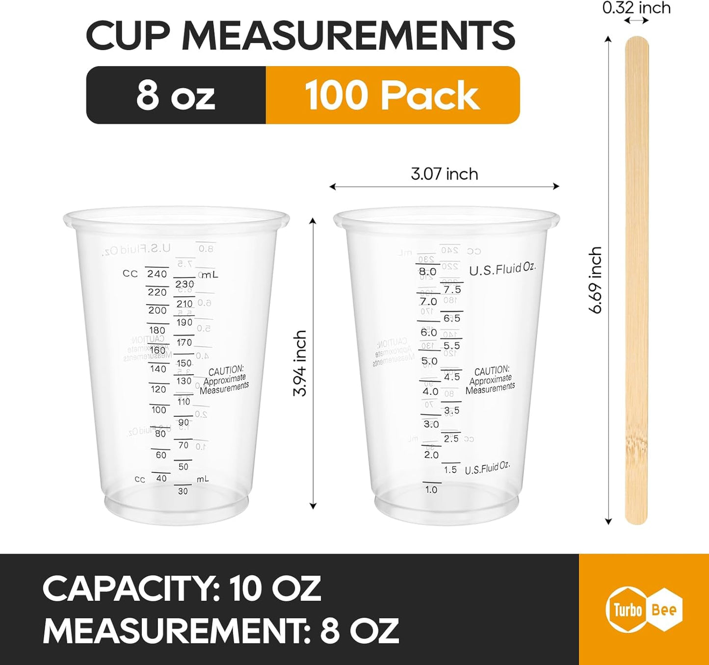 Turbo Bee Plastic Measuring Cups 8OZ,100 PACK Disposable Mixing Cups with 100 Mixing Sticks,Paint Graduated Measuring Tumblers for Epoxy Resin, Paint Mixing, Art DIY