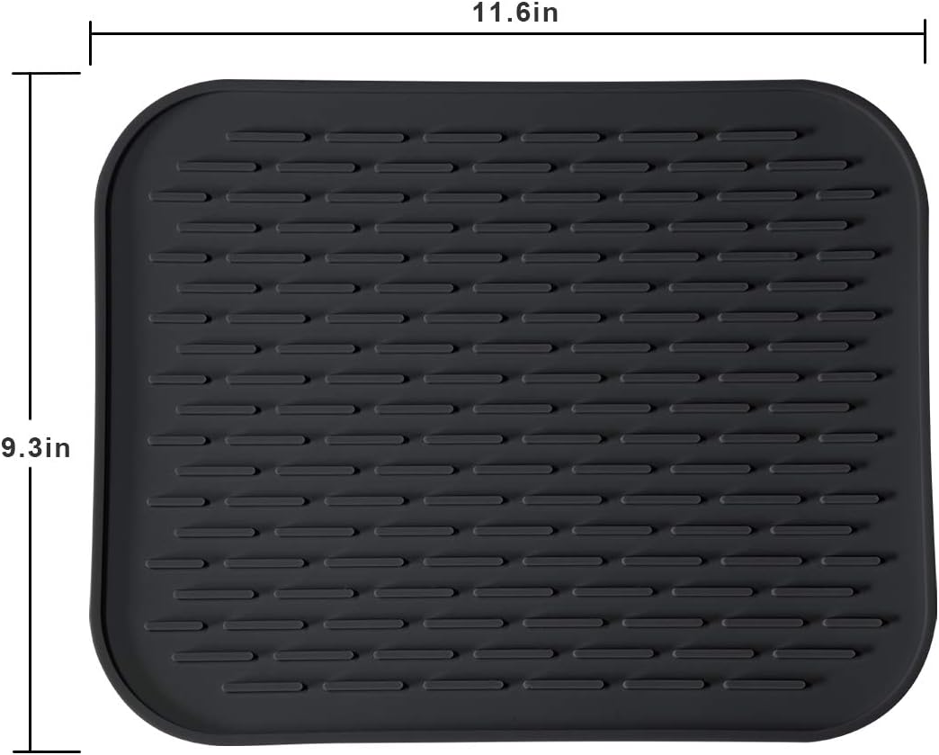 Silicone Dish Drying Mat for Multiple Usage,Easy clean,Eco-friendly,Super Sturdy Silicone Dish Drying Mat and Trivet, Dishwasher Safe, Heat Resistant (Black, S 11.6×9.3inch)