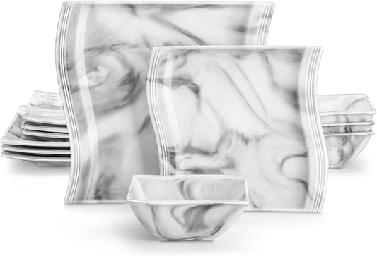 MALACASA Plates and Bowls Sets, 12 Pieces Modern Porcelain Dinnerware Sets for 4, Marble Dishware Set Kitchen Dining Ware Set, Square Ceramic Dish Set, Microwave and Dishwasher Safe, Series Flora