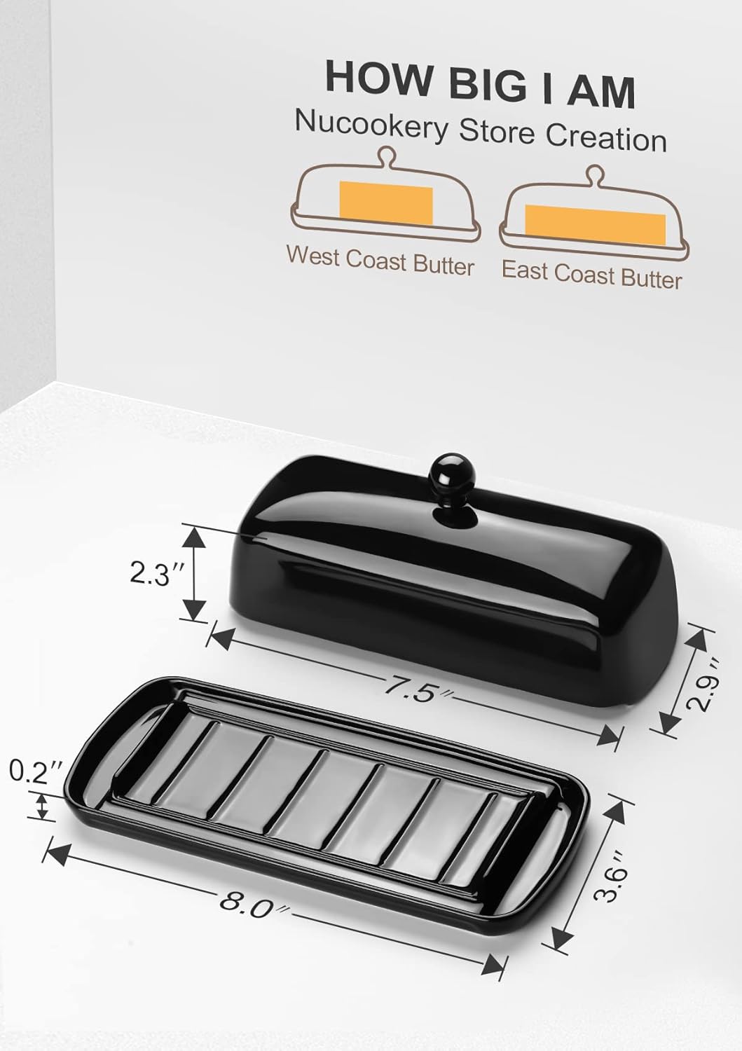 Nucookery Ceramic Butter Dish with Lid | Raised Legs and Non-Slip Strip Design | Porcelain Health | Dishwasher Safe, Black