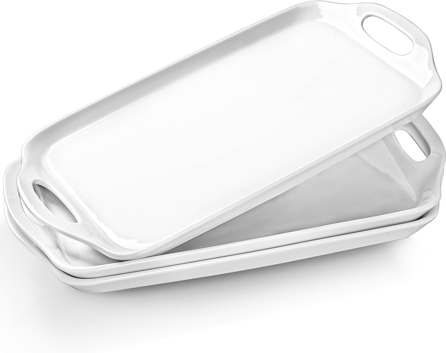 Serving Tray with Handles, 16"x 9.5" Large Serving Platter, White Porcelain Platters for Serving Food, Serving Platters and Trays for Parties, Entertaining, Dessert, Fruit, Turkey, 3-Pack, Rectangle