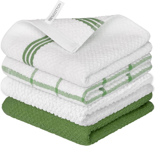 Artoid Mode Ring Spun Cotton Green Dishcloth Kitchen Towels, 12x12 Inch Ultra Soft Absorbent Quick Drying Household Cleaning Kitchen Rags Set of 4