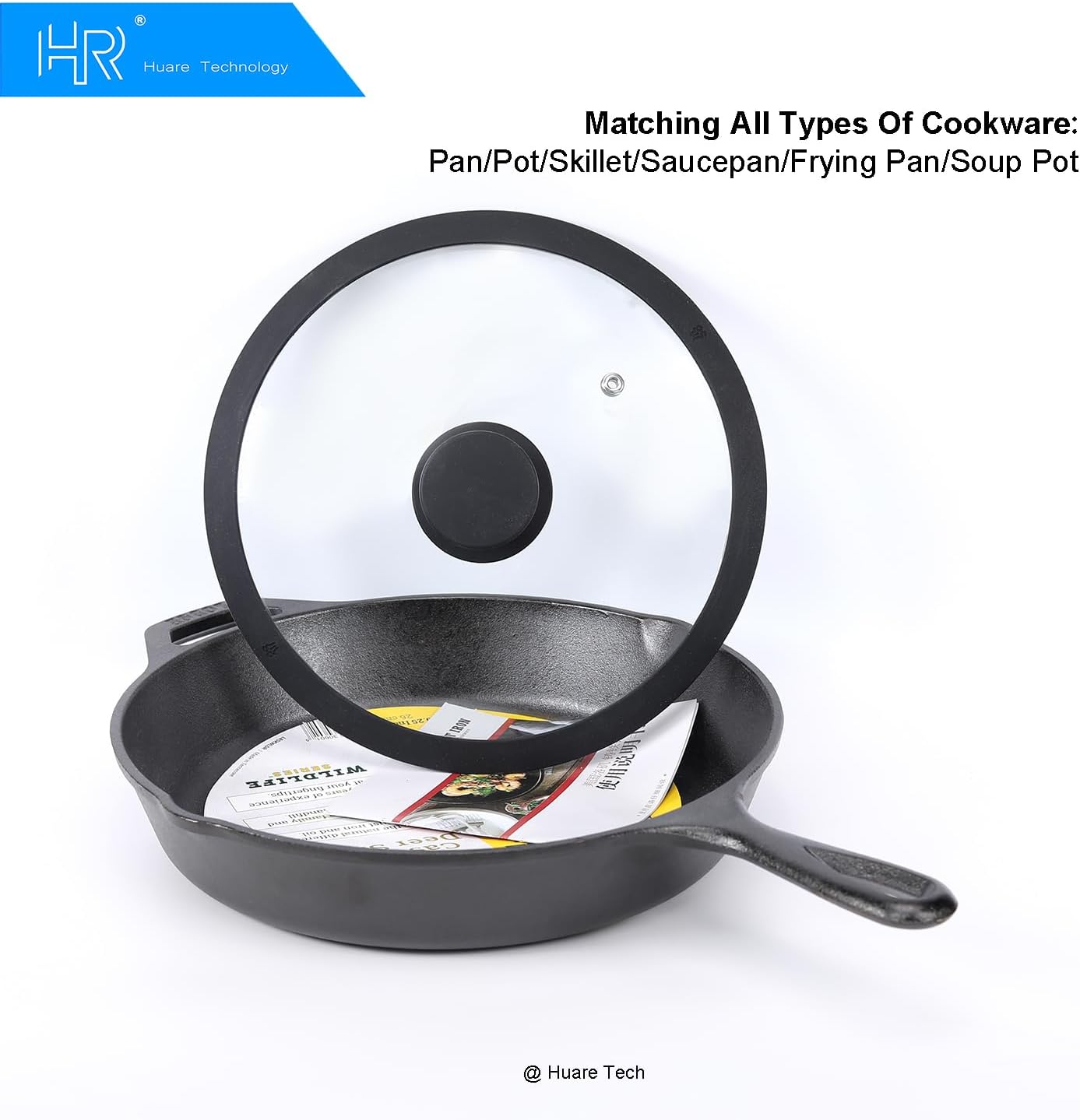 Silicon Glass Lid for Pot,Pan,Skillet Fits 8.5"(22CM) Cookware Silicon lid Dishwasher Safe, Replacement Lid Vented Tempered Glass with Heat Resistant Silicone Rim By HR Huare Technology, Black,1 Pack